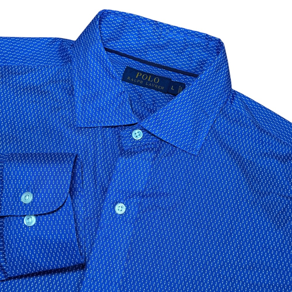 Polo Ralph Lauren Mens L Blue Geometric Micro Pattern Cotton Button Down Shirt